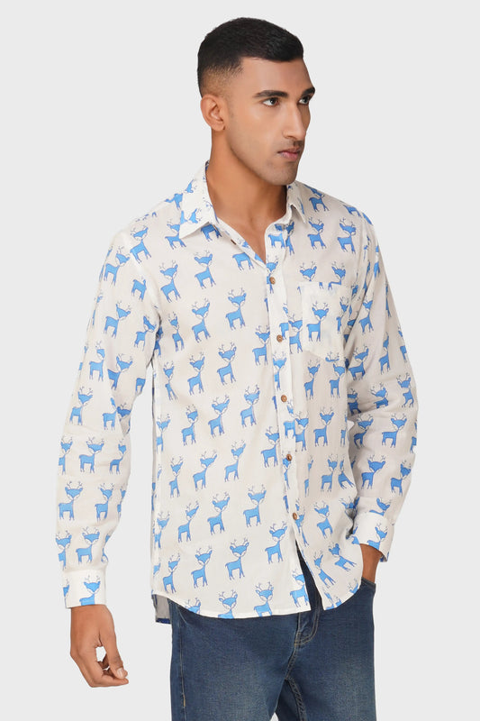 Blue Frosty Reindeer Full Sleeve Men Shirt